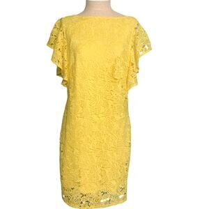 Marina Floral Lace Lined Cap Sleeve Dress Yellow‎ Midi Sheath Dress Sz Med